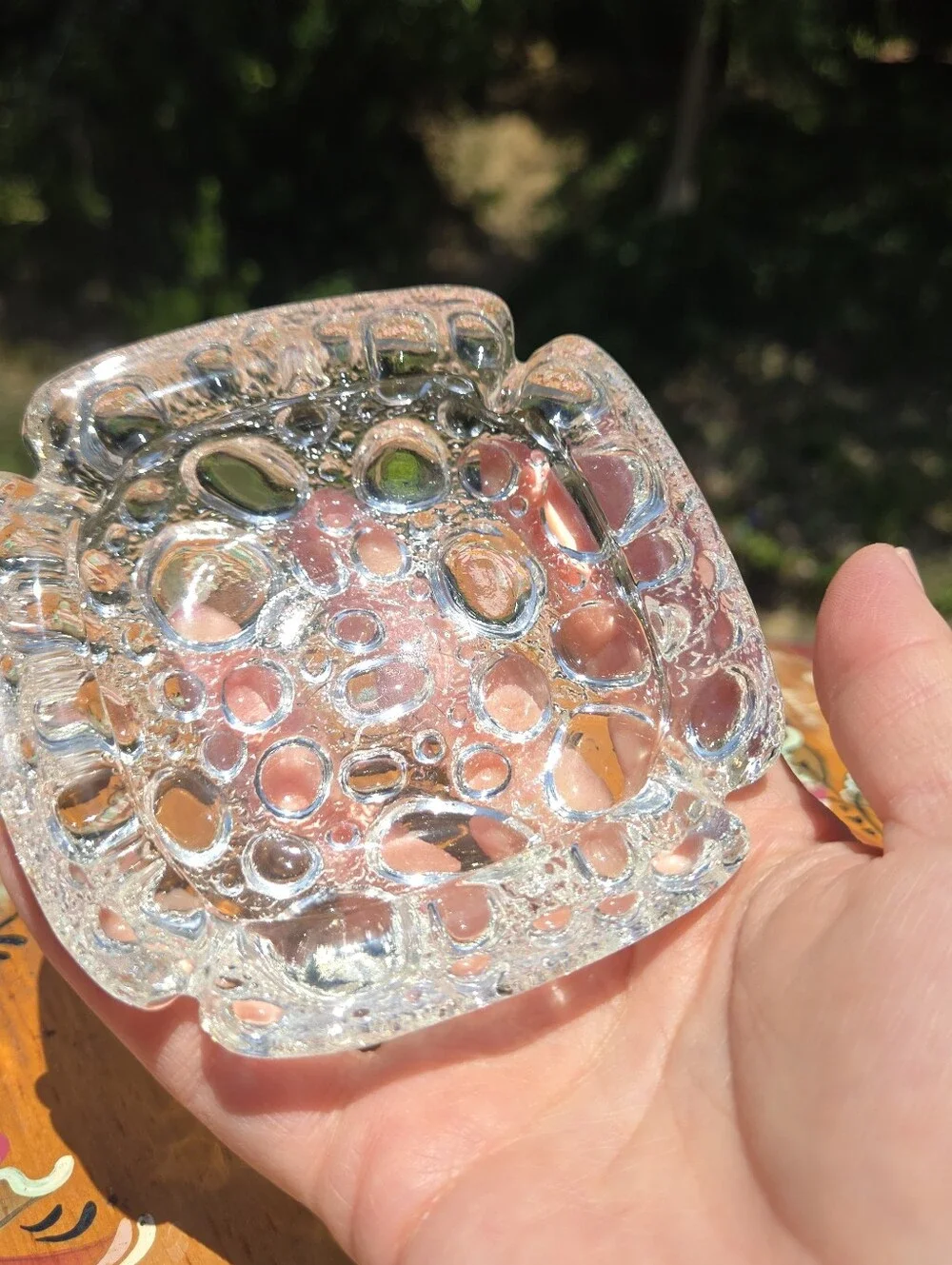 VTG Bubble Glass Ashtray Retro MCM 1960s Square Clear Glass Tray Raindrop